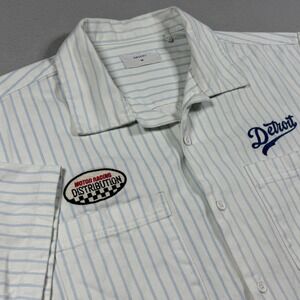 Absent Detroit Motor City Striped Short Sleeve Button Down Shirt White Blue Mens